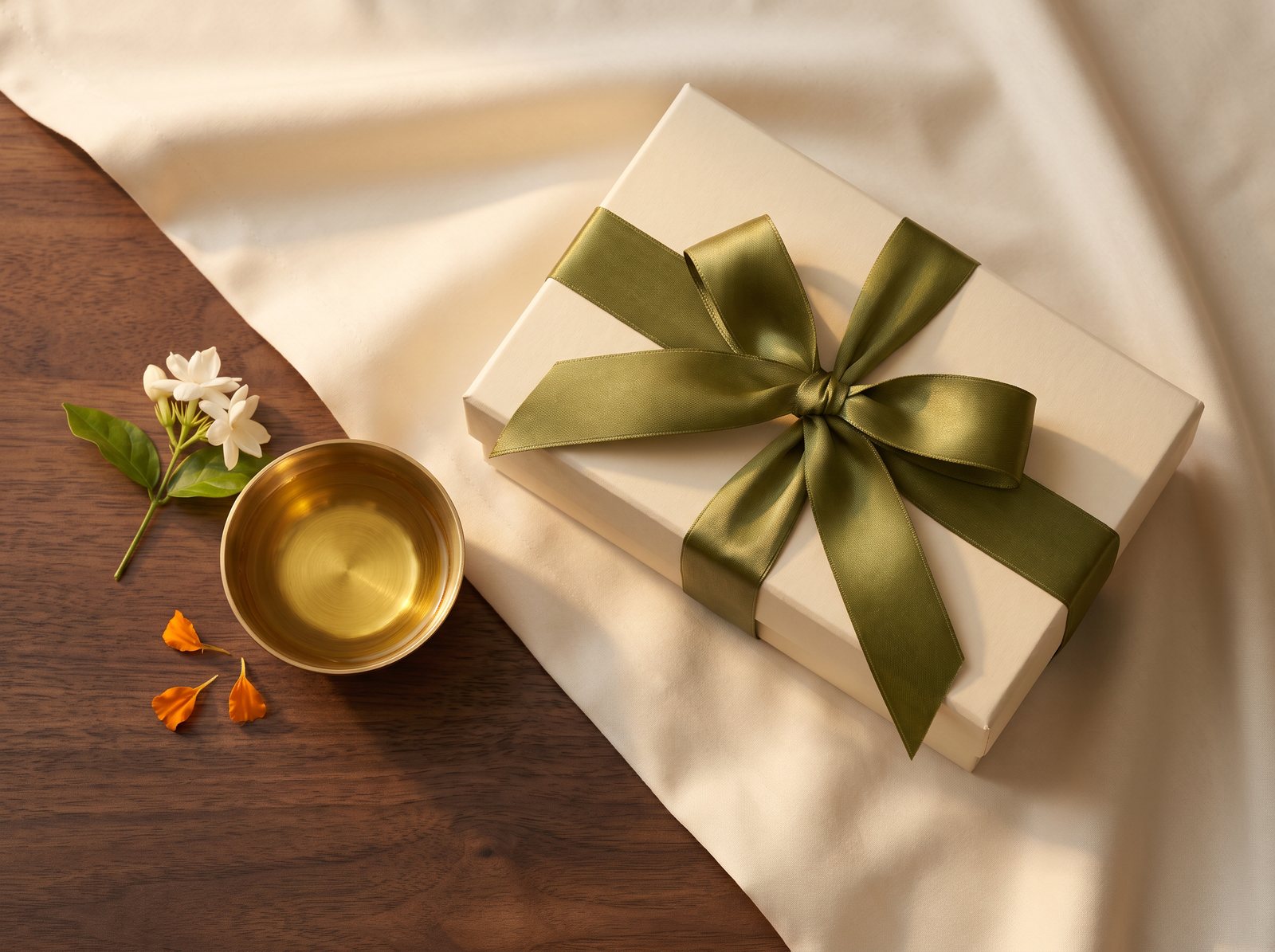 A cream gift box tied with an olive-green ribbon on linen, with a brass bowl of oil and a sprig of jasmine
