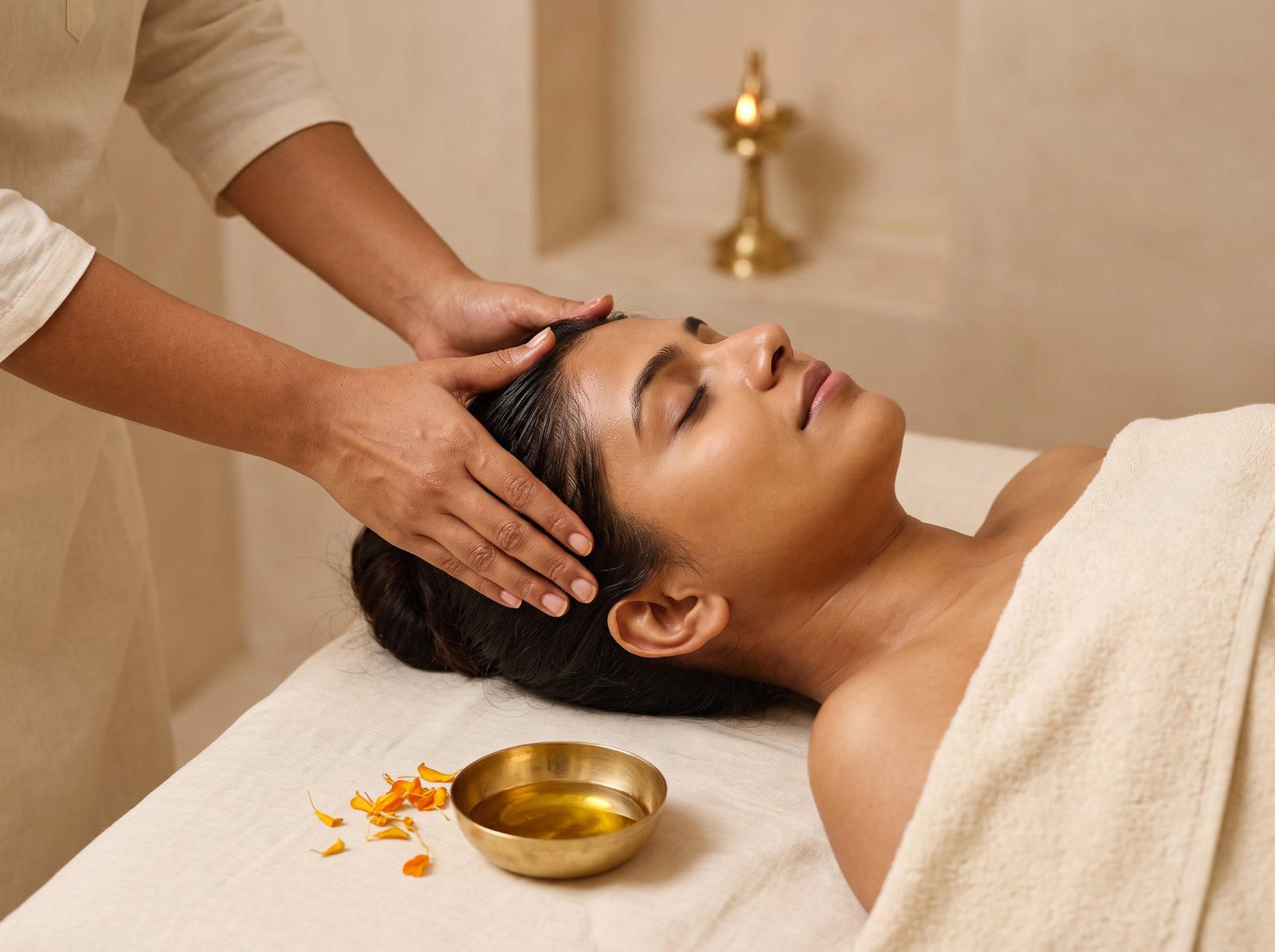 Shiroabhyanga: a therapist's hands massaging warm oil into a woman's scalp, with a small brass bowl of oil beside her