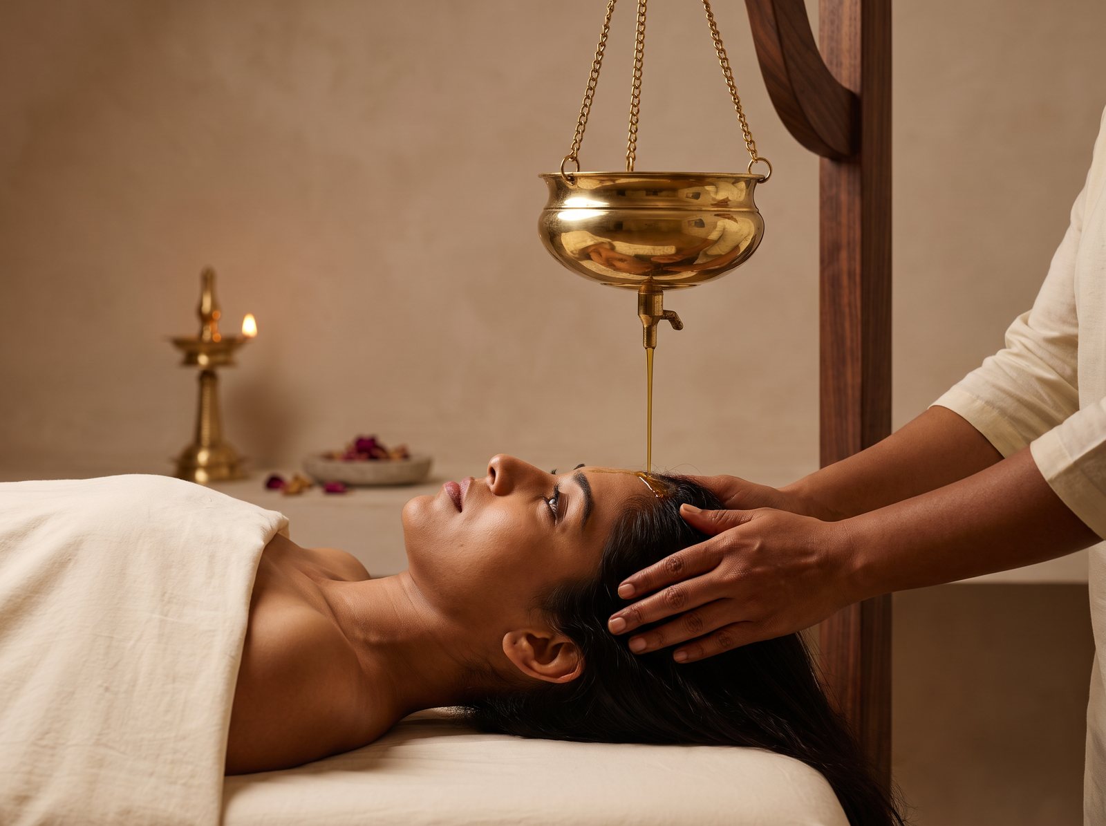 Shirodhara: a thin stream of warm golden oil falling from a hanging brass vessel onto a woman's forehead