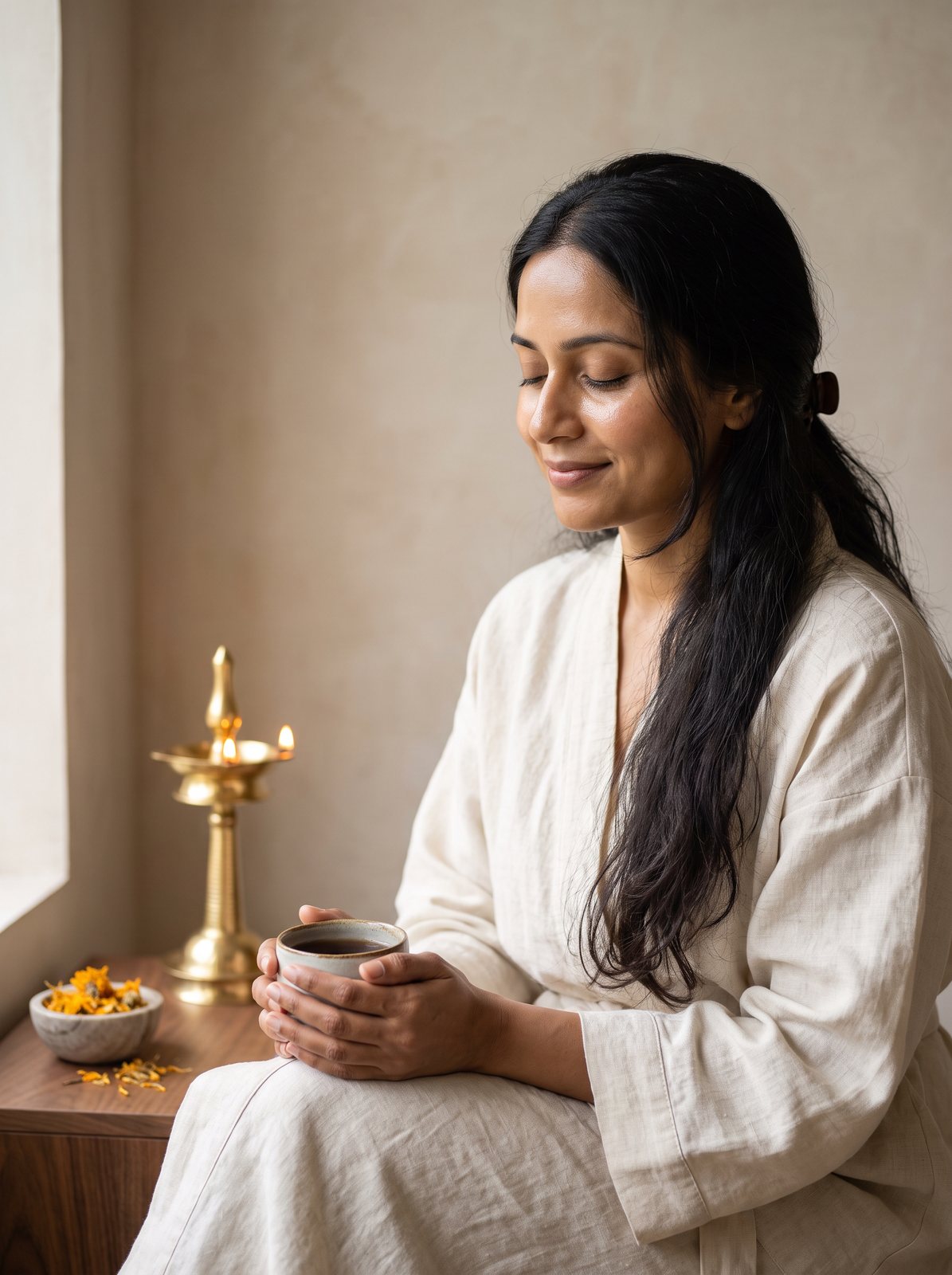A woman in a cream linen robe, eyes closed and smiling, holding a cup of herbal tea beside a brass lamp